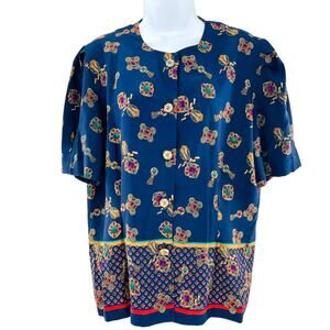 Vintage 80s Kristy Michaels Blue Jewels Silky Colorful Vivid Retro Blouse 18